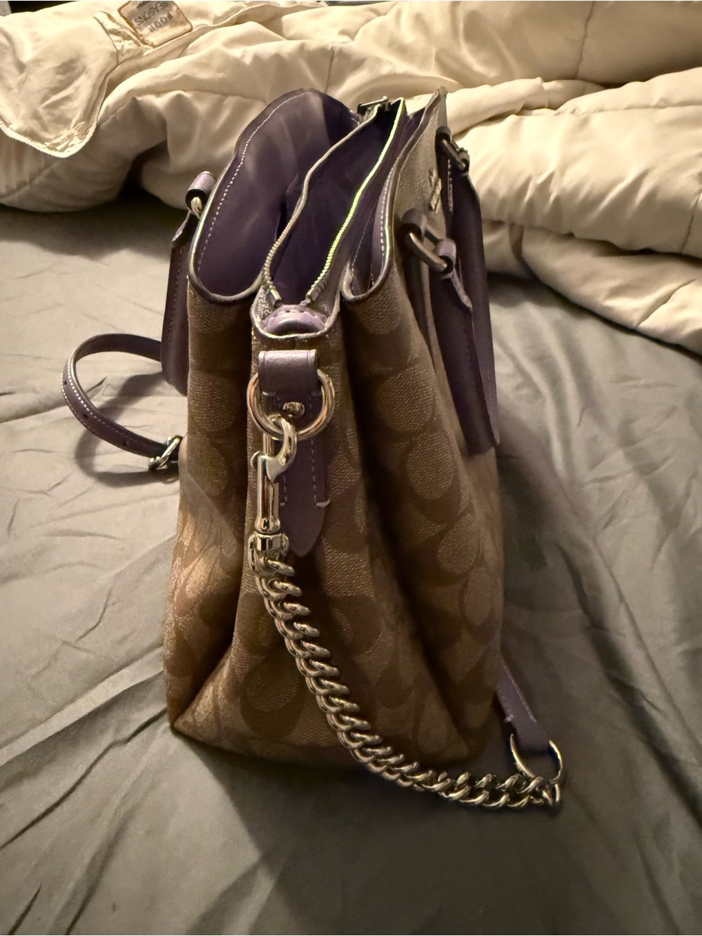 Coach Brown Signature Canvas Satchel with Lavender Trim - Picture 3 of 7